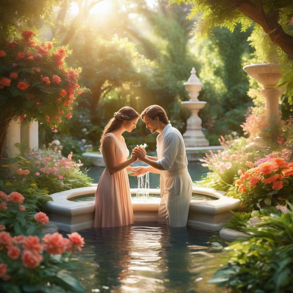 A warm and inviting scene depicting a couple sharing a tender moment in a lush garden, surrounded by flowers symbolizing love and connection. Soft sunlight filters through the leaves, creating a magical ambiance. Include small details like intertwined hands and gentle smiles, representing deep affection. The background features a serene water fountain, enhancing the romantic atmosphere. 3D. vibrant colors.