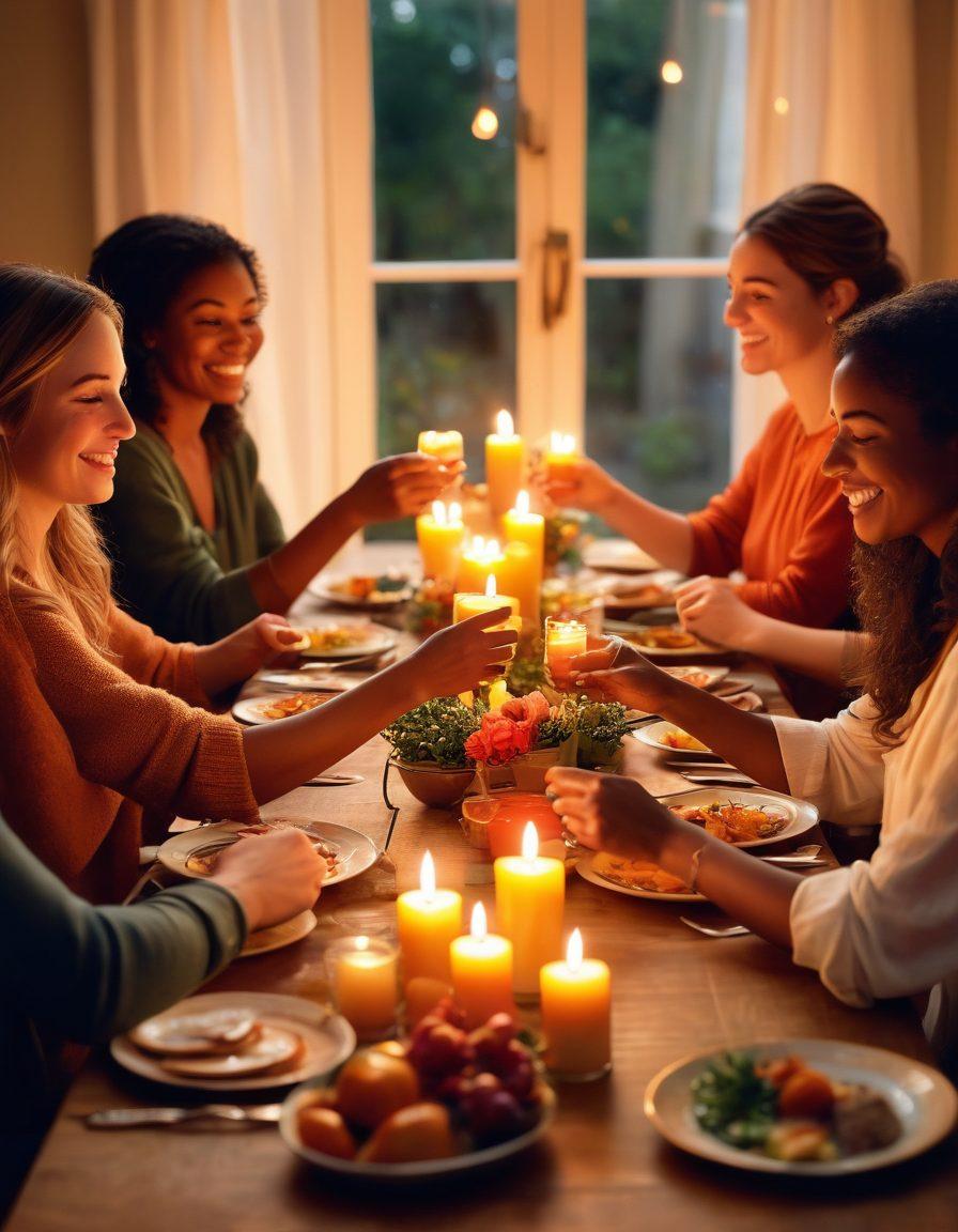 A warm, cozy scene depicting a diverse group of friends and family, gathered around a beautifully set table filled with delicious food, laughter, and joyful expressions. Soft, glowing candles illuminate their faces, symbolizing love and commitment, while a picturesque sunset creates a vibrant backdrop. Intertwining hands in a gesture of unity highlights the theme of togetherness. The atmosphere is inviting and heartfelt. super-realistic. vibrant colors. warm lighting.
