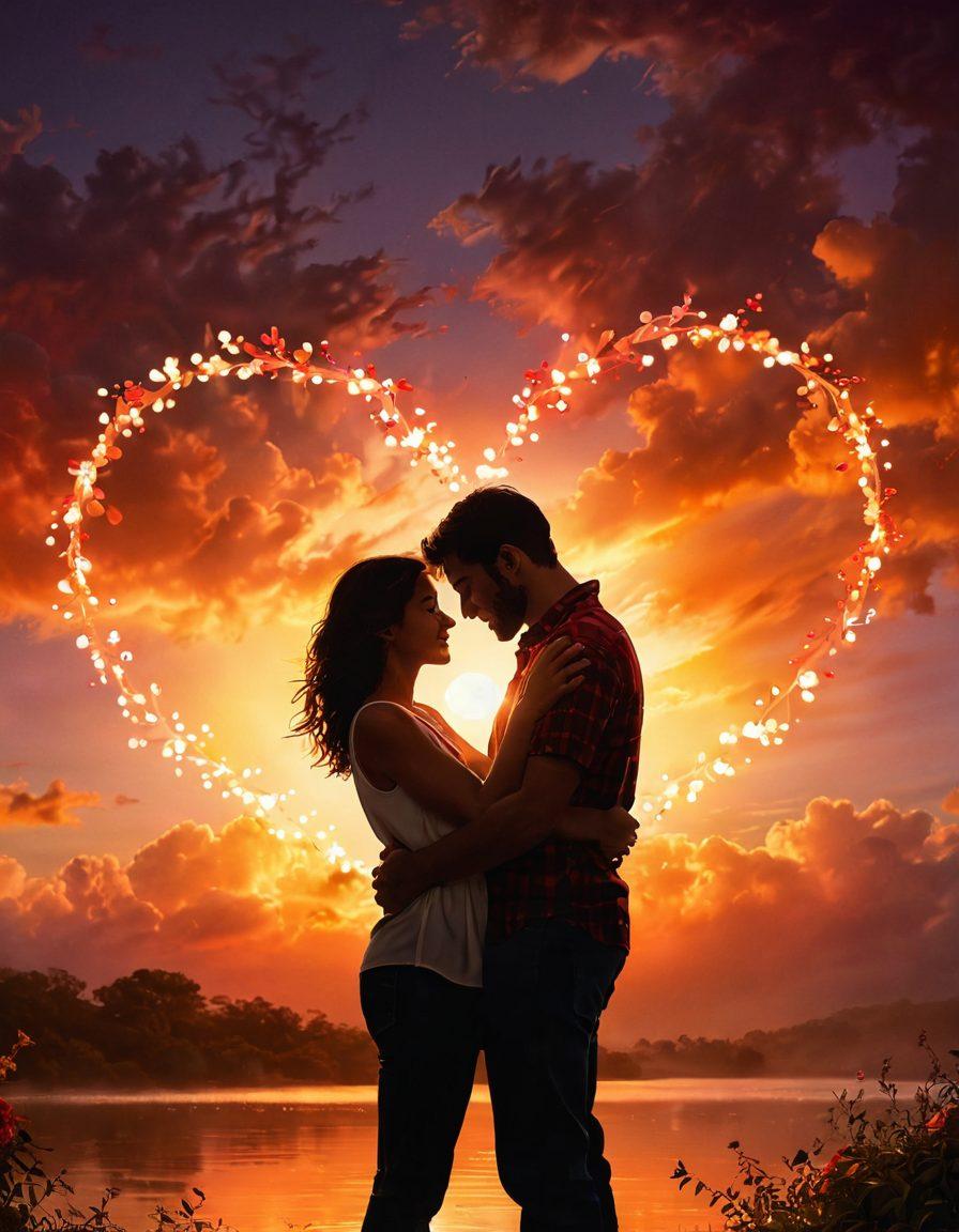 An intimate scene of two people engaged in a warm embrace, surrounded by soft, glowing lights that symbolize romance. Elements like a heart-shaped cloud or flowers gently falling around them create a serene atmosphere. The background features a sunset that blends vibrant reds and oranges, representing passion and connection. The expressions of joy and understanding on their faces capture the essence of a strong bond. super-realistic. vibrant colors. warm tones.